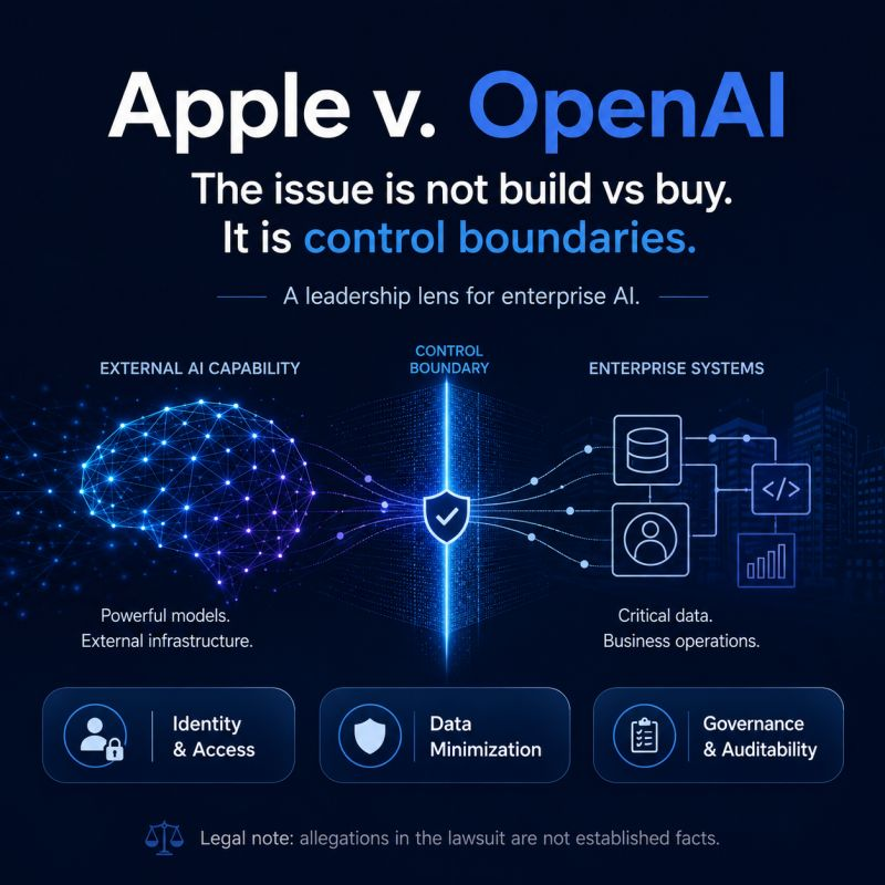 Diagram showing an enterprise AI control boundary between external model capability and enterprise systems.